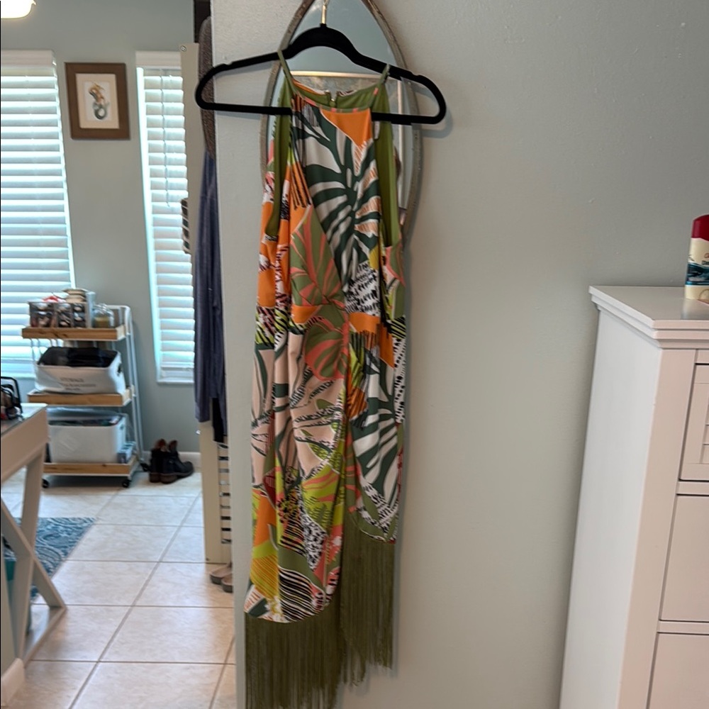 Tropical Halter Dress with Fringe